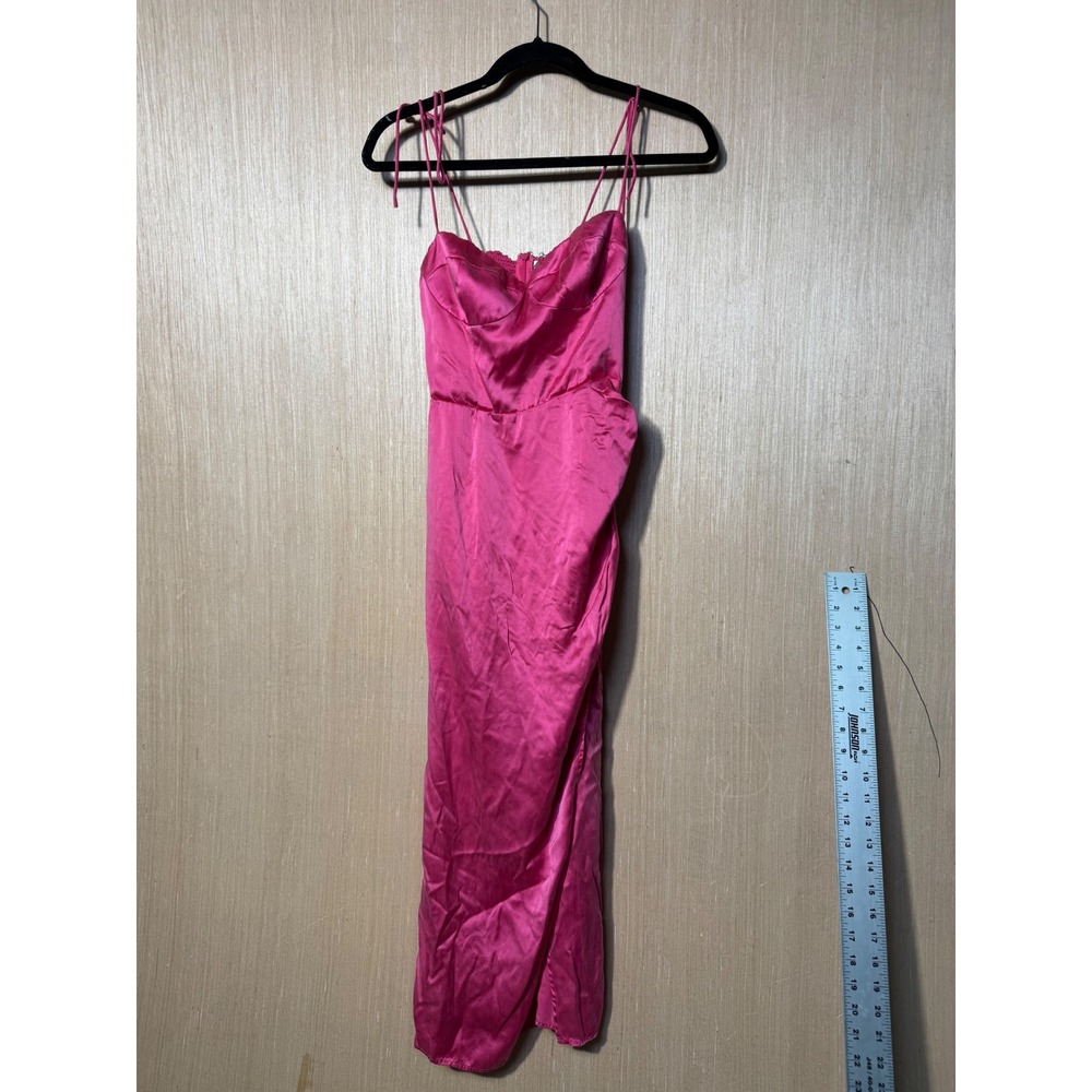 FLAW Reformation Pink 100% Silk Satin Midi Dress Smocked Back Side Slit Size 2